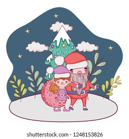 santa claus with tree and helper in the snowscape
