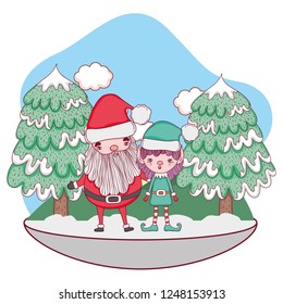 santa claus with tree and helper in the snowscape
