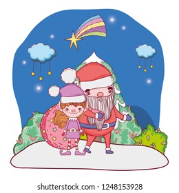 santa claus with tree and helper in the snowscape