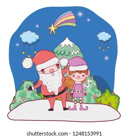 santa claus with tree and helper in the snowscape