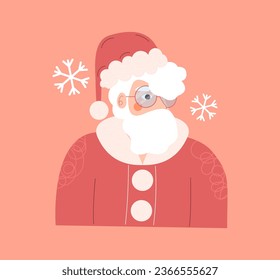 Santa Claus trendy character. Christmas illustrations isolated on red background. Funny happy Santa Claus character with snowflake. For Christmas cards, banners, tags and labels. Vector illustration