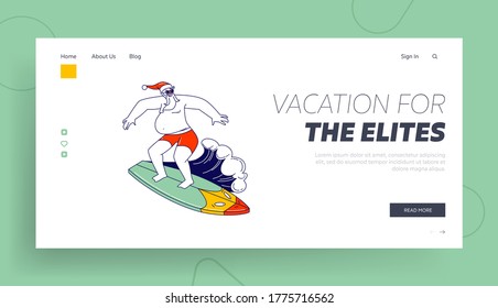 Santa Claus Tropical Summer Time Vacation Landing Page Template. Christmas Character in Red Panties Surfing Ocean Wave on Surf Board. Water Recreation, Summer Xmas Holidays. Linear Vector Illustration