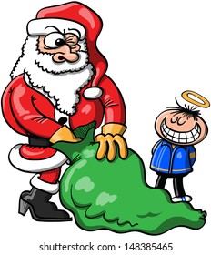 Santa Claus in trouble when looking for a present inside his bag and trying to decide which Christmas gift to give to an apparently good boy who does not look as good as he pretends