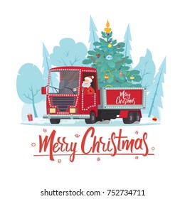 Santa Claus is a truck driver with a Christmas tree. Christmas greeting card - background - poster. Vector illustration.