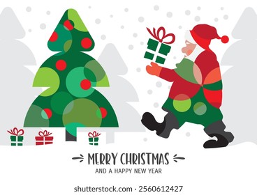 Santa Claus trudges through the winter forest and brings presents - vector illustration