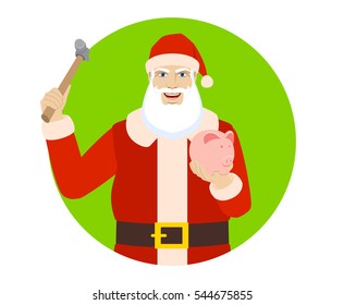 Santa Claus trying to break a piggy bank with a hammer. Portrait of Santa Claus in a flat style. Vector illustration.