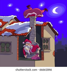Santa Claus is trying to come through a stovepipe.