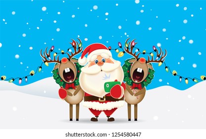 Santa Claus and two decorated Reindeers taking selfie in a winter landscape