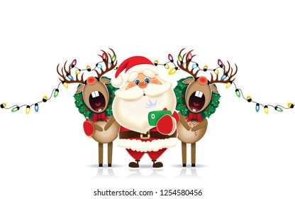 Santa Claus and two decorated Reindeers taking selfie isolated on a white background