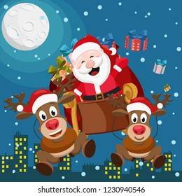 Santa Claus and two deer are flying on a sleigh with gifts over the night city.