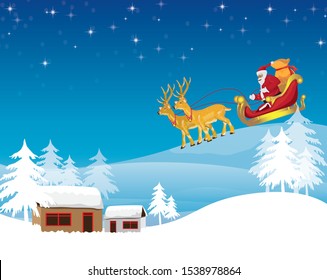 Santa Claus with two deer, and small hut in valley with blue sky background vector design