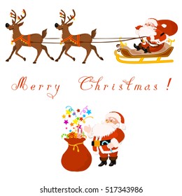 Santa Claus with two deers. The sleigh and reindeer beautifully decorated with golden pattern. Gift bag with gifts and candy cane.