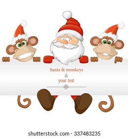 santa claus and two funny monkeys