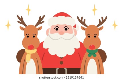 Santa Claus and two Reindeers. Cartoon style character drawing. Flat vector illustration for Christmas season. 