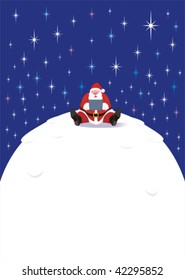 Santa Claus under a starry night typing on his laptop at the snow capped mountain top. No gradient fills. Easy to edit.