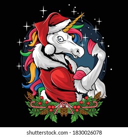 santa claus unicorn gym rainbow-colored hair shows off her muscles vector