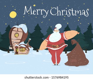 Santa Claus Untie Sack with Gifts Stand near Workshop on Night Snowy Landscape Background with Glowing Moonlight on Starry Sky. Merry Christmas Postcard or Banner. Cartoon Flat Vector Illustration