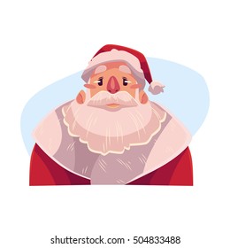 Santa Claus upset, confused facial expression, cartoon vector illustrations isolated on blue background. Santa Claus emoji face icons, feeling distressed, frustrated, sullen. Angry face expression
