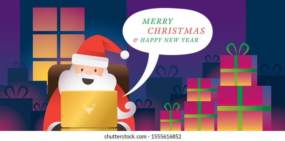 Santa Claus use Laptop Online, Live or Chat, Online Shopping Concept, Merry Christmas and Happy New Year