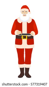 Santa Claus uses a digital tablet PC. Full length portrait of Santa Claus in a flat style. Vector illustration.