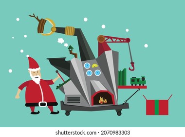 Santa Claus uses a fancy machine to make toys. Editable Clip Art.