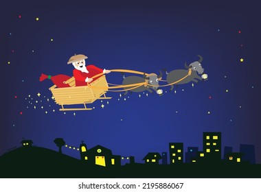 Santa Claus using an Asian Water Buffalo carabao to fly over town during Christmas eve  Editable Clip Art 