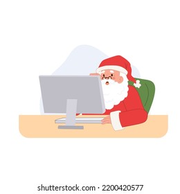 Santa claus is using computer. merry christmas. Vector illustration.