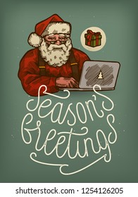 Santa Claus using computer Seasons greetings thin line calligraphy christmas card