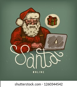 Santa Claus using computer - vintage style vector illustration
