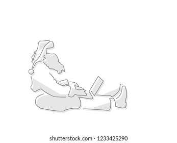 Santa Claus using a laptop isolated line drawing, vector illustration design. Christmas collection.