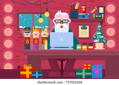 Santa Claus using a laptop. Merry Christmas Night Greeting Card Design. Work space interior.Flat vector illustration
