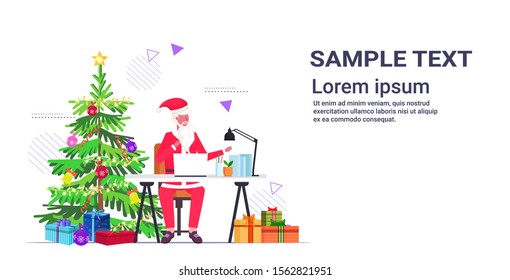 santa claus using laptop sitting at workplace near fir tree with gift boxes merry christmas new year holidays celebration concept copy space horizontal full length vector illustration
