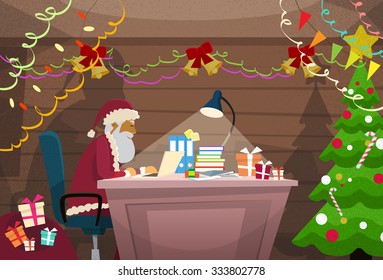 Santa Claus Using Laptop Sitting Desk Indoor Home Happy New Year Merry Christmas Retro Flat Vector Illustration