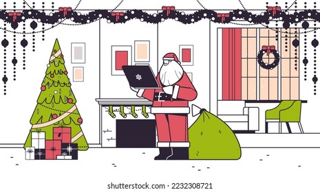 santa claus using laptop social media network merry christmas happy new year winter holidays celebration concept