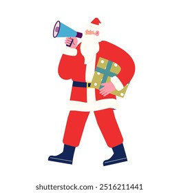 Santa Claus using a loudspeaker to announce that he has brought Christmas presents. Cartoon character vector illustration