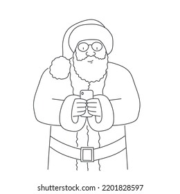 Santa Claus is using the phone. Hand drawn vector illustration. Black and white.