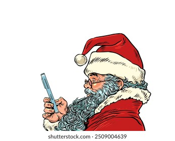 Santa Claus is using the phone. Seasonal offers and New Year's promotions. Delivery of gifts all over the world during Christmas. Comic cartoon pop art retro vector illustration hand drawing. On a