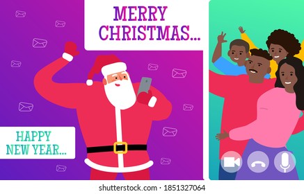 santa claus using smartphone online video call  with african american family merry christmas and happy new year