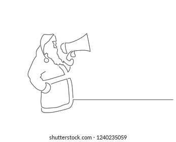 Santa Claus using a speaker isolated line drawing, vector illustration design. Christmas collection.