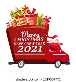 Santa Claus Van with text Merry Christmas and Happy New Year 2021 delivering shipping gifts. Flat cartoon style vector illustration