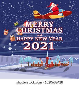 Santa Claus Van con el texto Feliz Navidad y Feliz Año Nuevo 2021 volando en avión en la ciudad de invierno nocturno entregando regalos de transporte