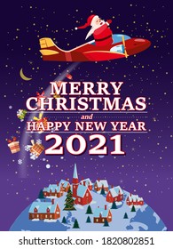 Santa Claus Van with text Merry Chrismas and Happy New Year 2021 flying in plane delivering shipping gifts