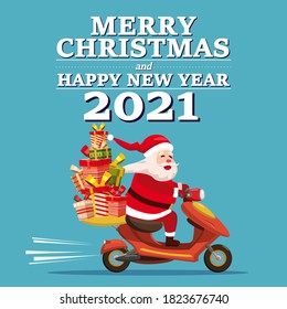 Santa Claus Van with text Merry Chrismas and Happy New Year 2021 rides a scooter delivering shipping gifts. Vector illustration isolated cartoon style