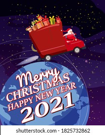 Santa Claus Van con texto Feliz Navidad y Feliz Año Nuevo 2021 vuela por el cielo nocturno sobre la Tierra entregando regalos de envío. Ilustración vectorial de estilo de caricatura plana