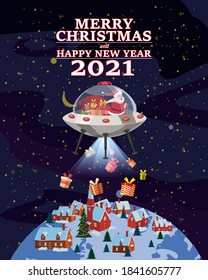 Santa Claus Van with text Merry Chrismas and Happy New Year 2021 flying in UFO spaceship flying saucer delivering shipping gifts