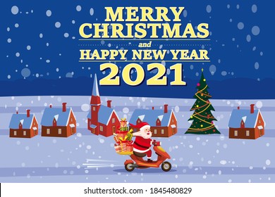 Santa Claus Van with text Merry Chrismas and Happy New Year 2021 rides a scooter delivering shipping gifts on night winter town. Vector illustration isolated cartoon style