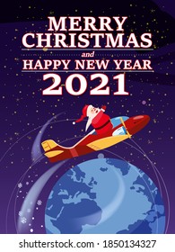 Santa Claus Van with text Merry Chrismas and Happy New Year 2021 flying in plane delivering shipping gifts