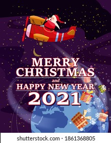 Santa Claus Van with text Merry Chrismas and Happy New Year 2021 flying in plane retro delivering shipping gifts