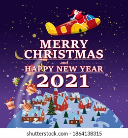 Santa Claus Van con texto Feliz Navidad y Feliz Año Nuevo 2021 volando en avión entregando regalos de envío. Ilustración vectorial afiche de caricatura aislada estilo tarjeta de saludo