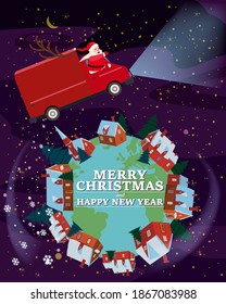 Santa Claus Van with text Merry Christmas and Happy New Year 2021 flies through the night sky above the Earth delivering shipping gifts. Flat cartoon style vector illustration